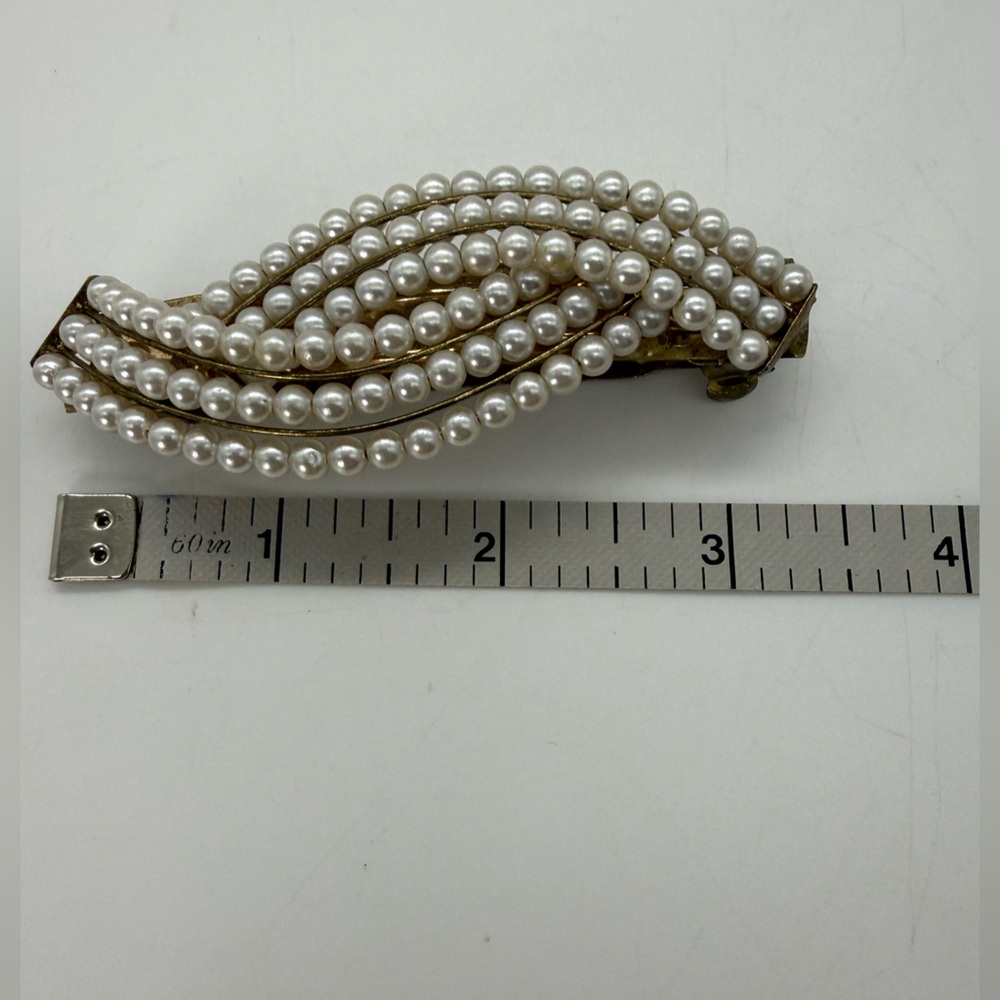 Vintage Classy Faux Pearl Large French Barrette Gold Tone Bridal Hair Clip Gift - Picture 3 of 8